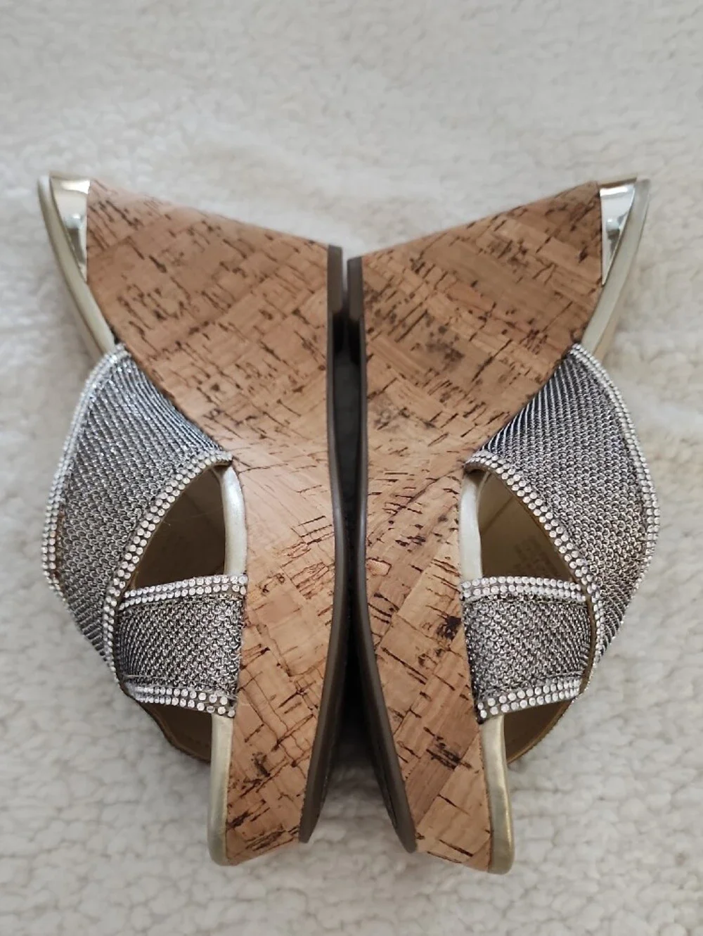 GUESS Metallic Taupe Crystal-Trim Cork Wedge Sandals